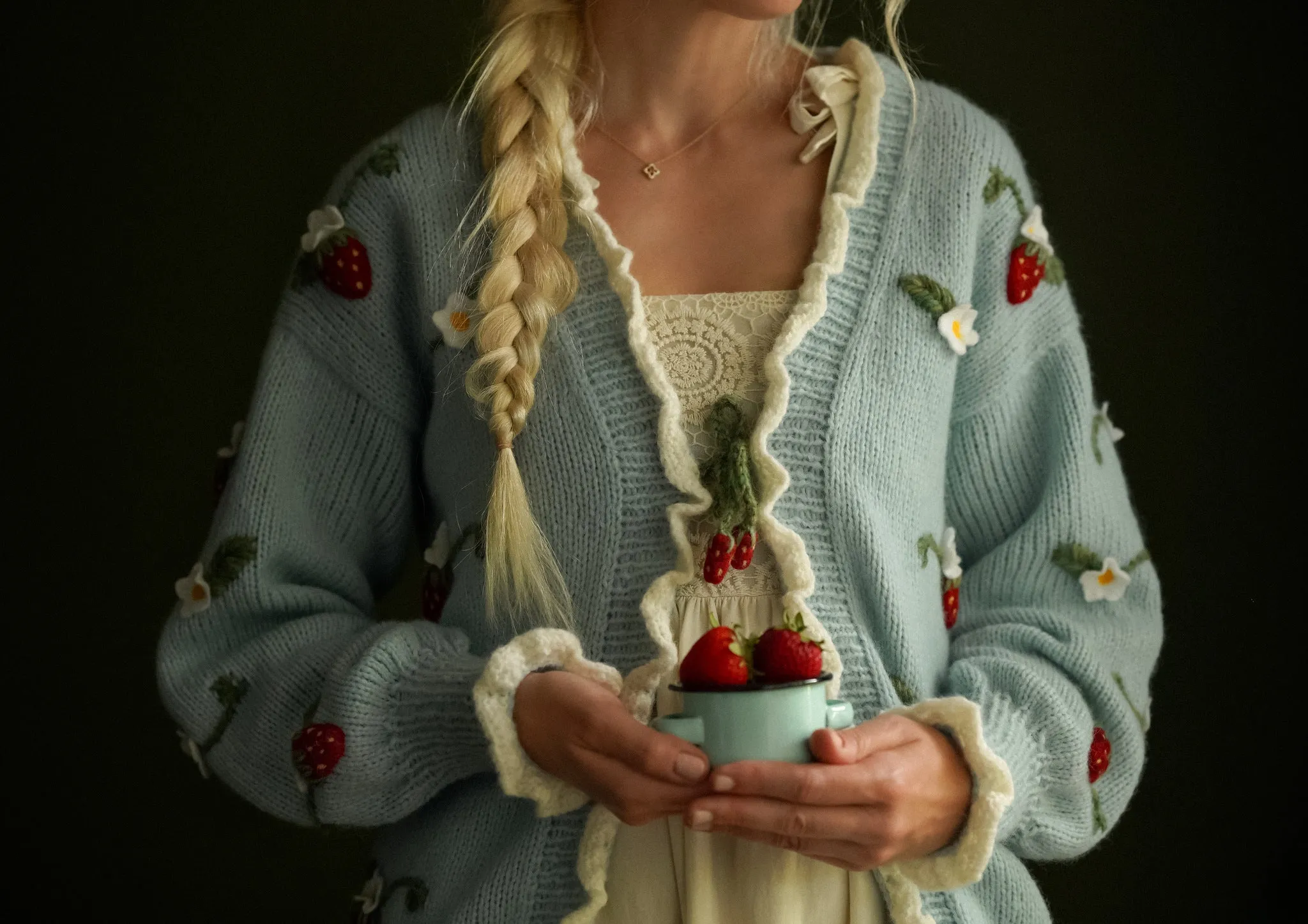 Adult Strawberries cardigan | Blue