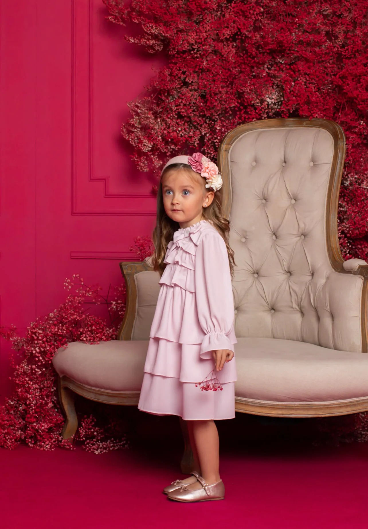 Beautiful Pink chiffon dress with bow and frills details.