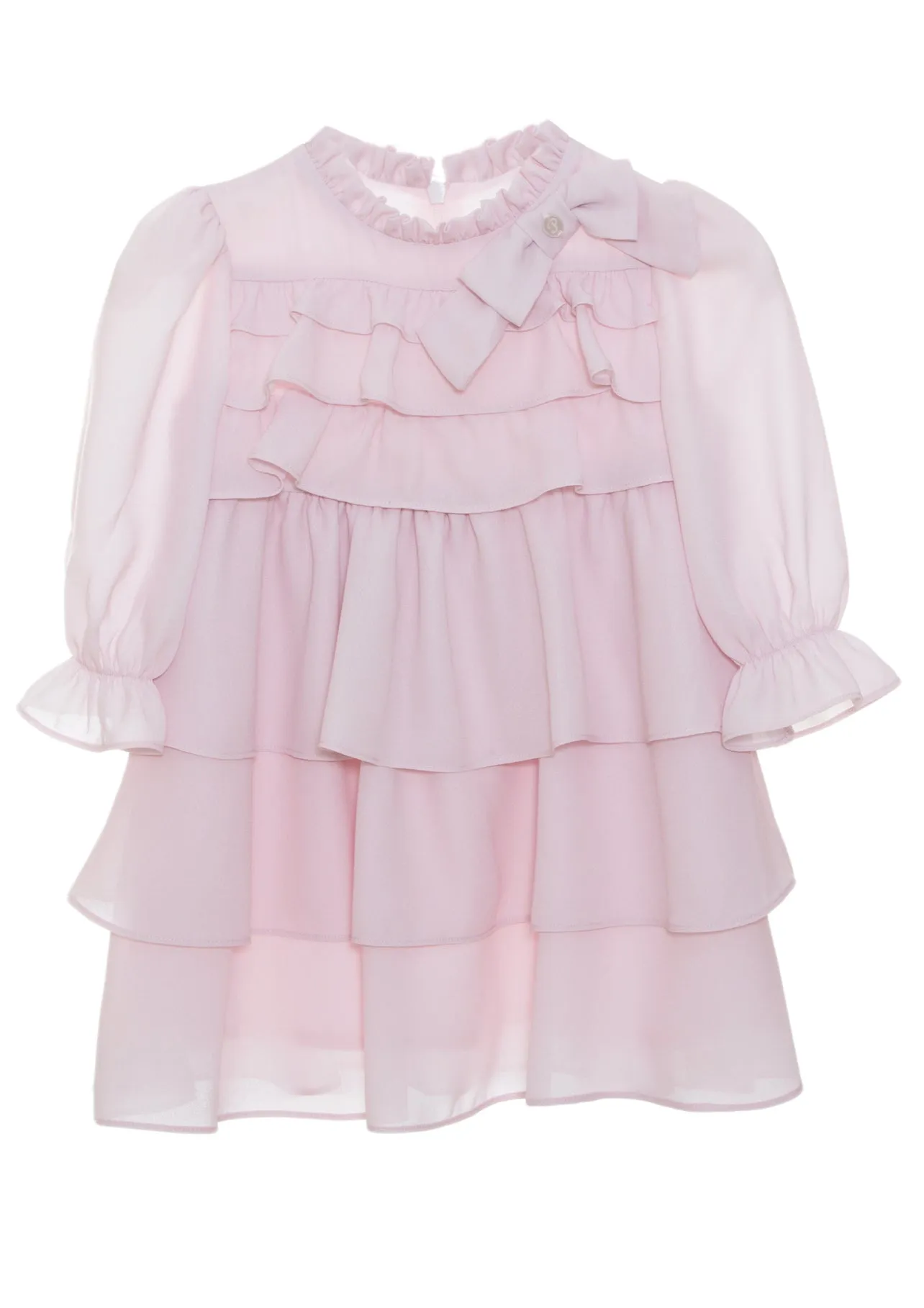 Beautiful Pink chiffon dress with bow and frills details.