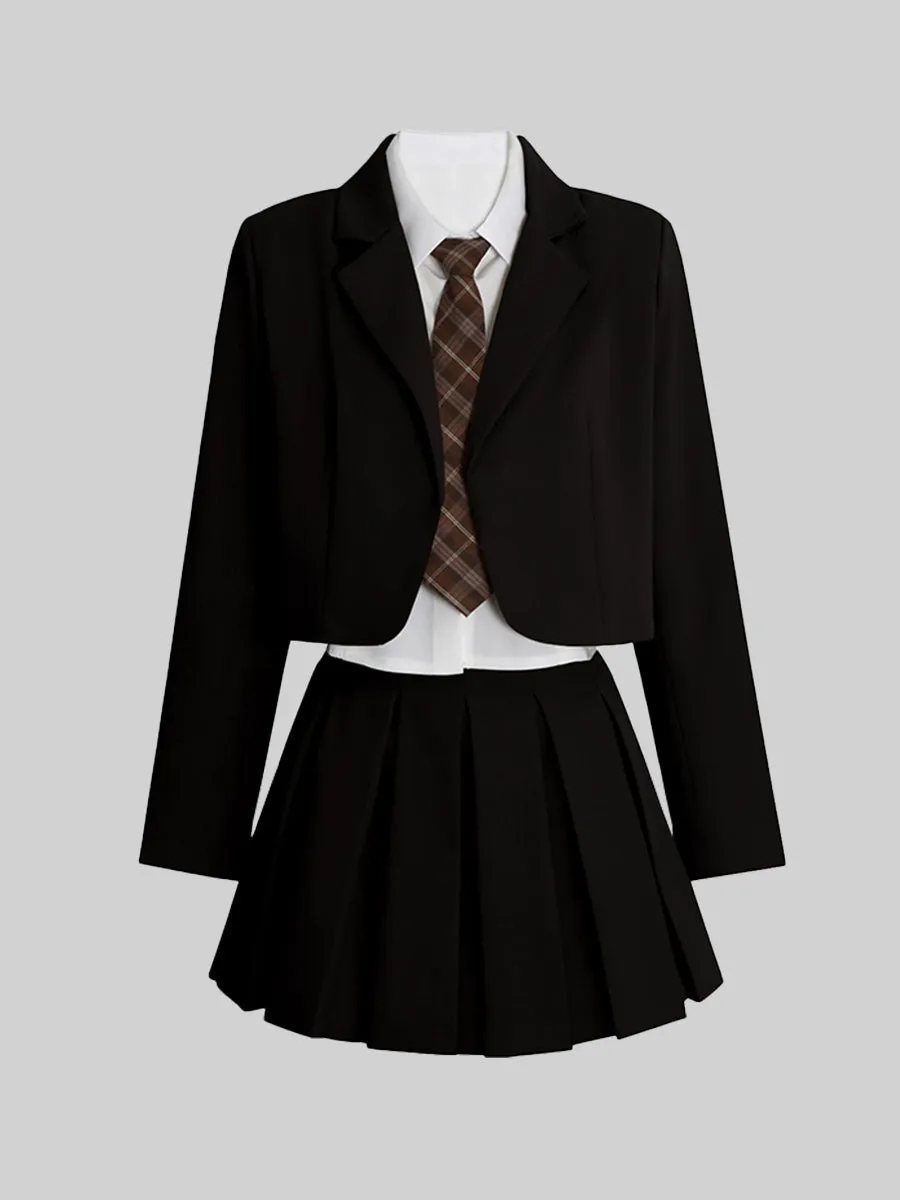 Blazer & Skirt & White Shirt with Tie Three Piece Set