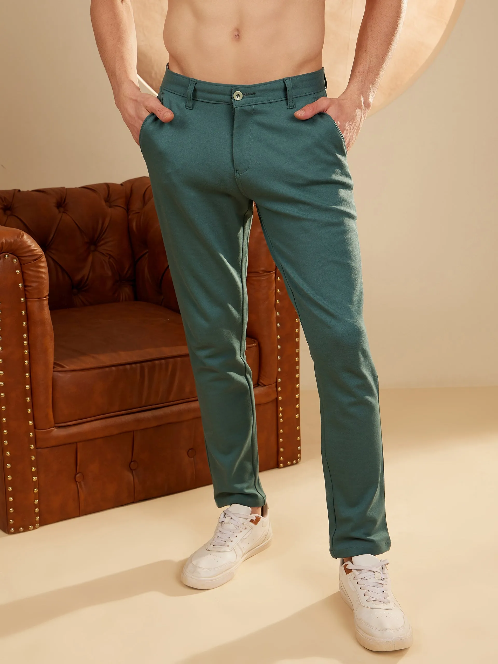 Bottle Green: Textured Stretchable Chinos