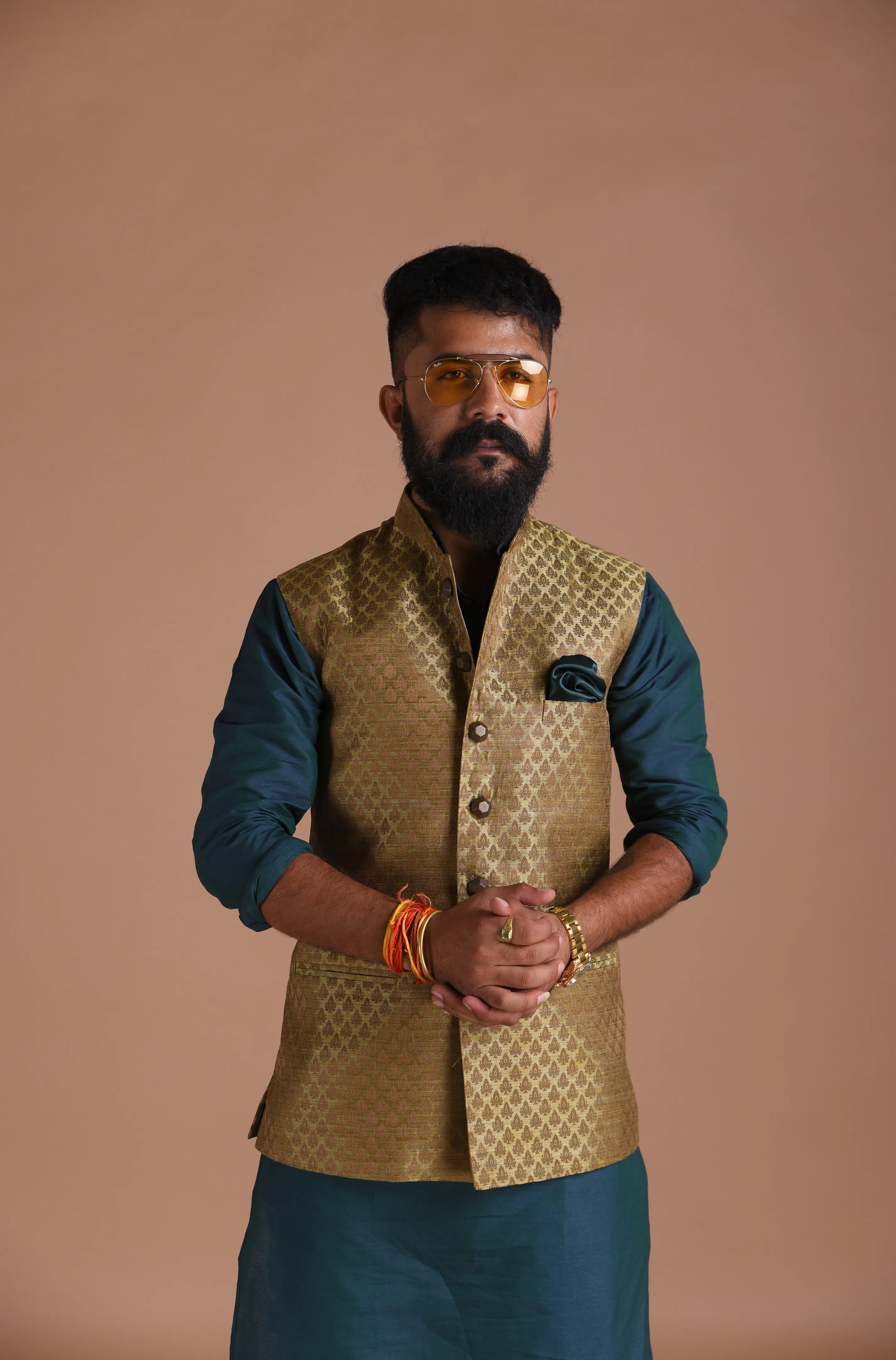 Brocade Dark Brown Nehru Jacket with Kurta Pajama