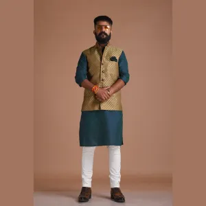 Brocade Dark Brown Nehru Jacket with Kurta Pajama