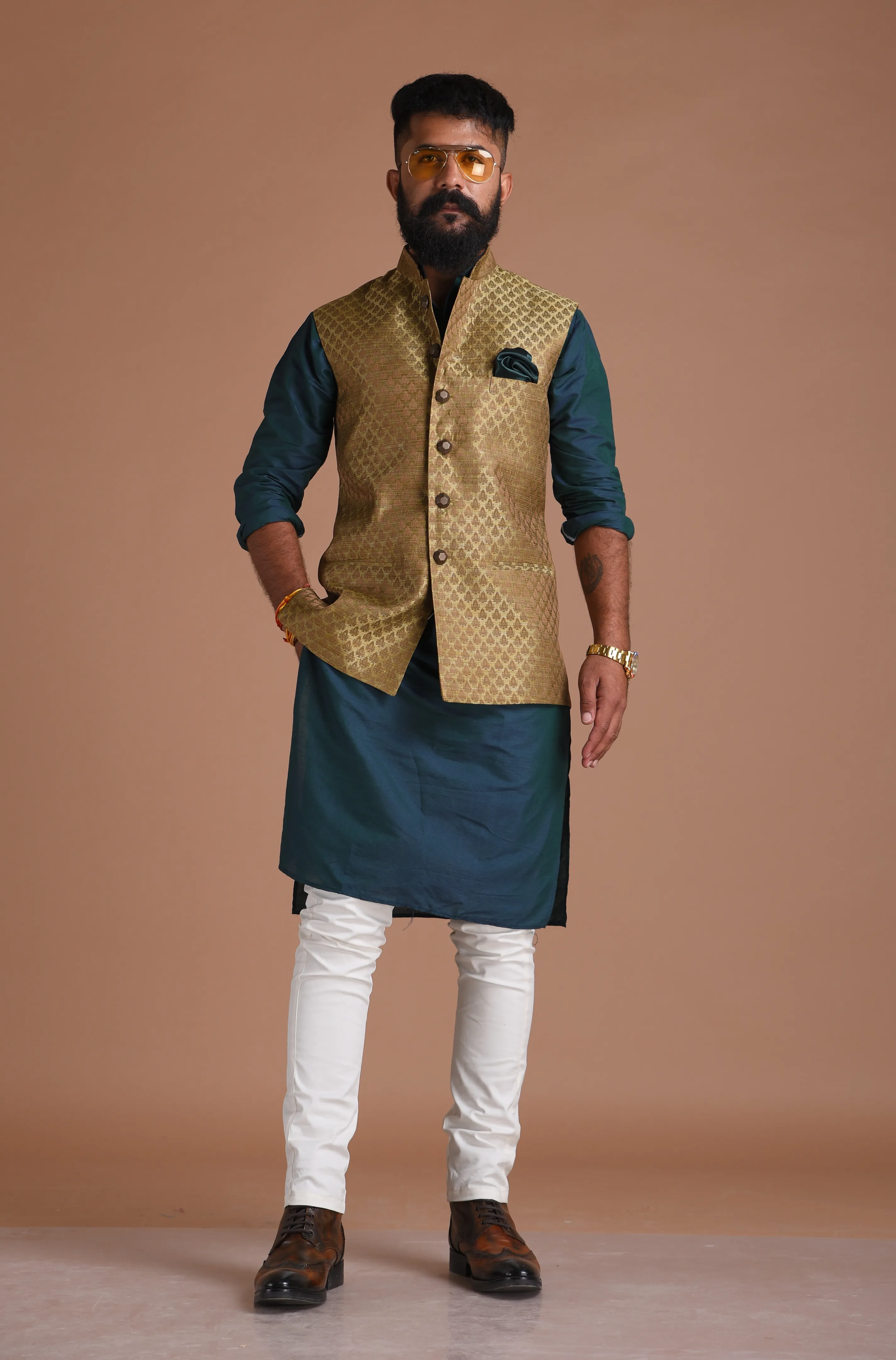 Brocade Dark Brown Nehru Jacket with Kurta Pajama
