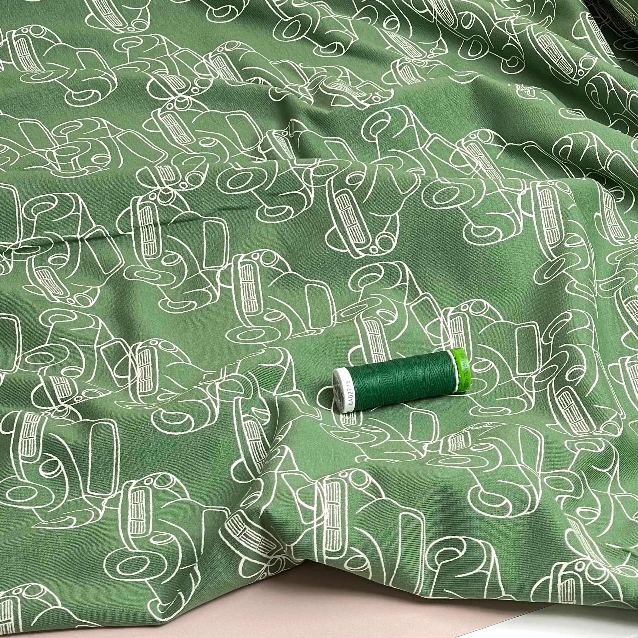 Cars in Green Peach Soft Cotton Sweat-shirting Fabric