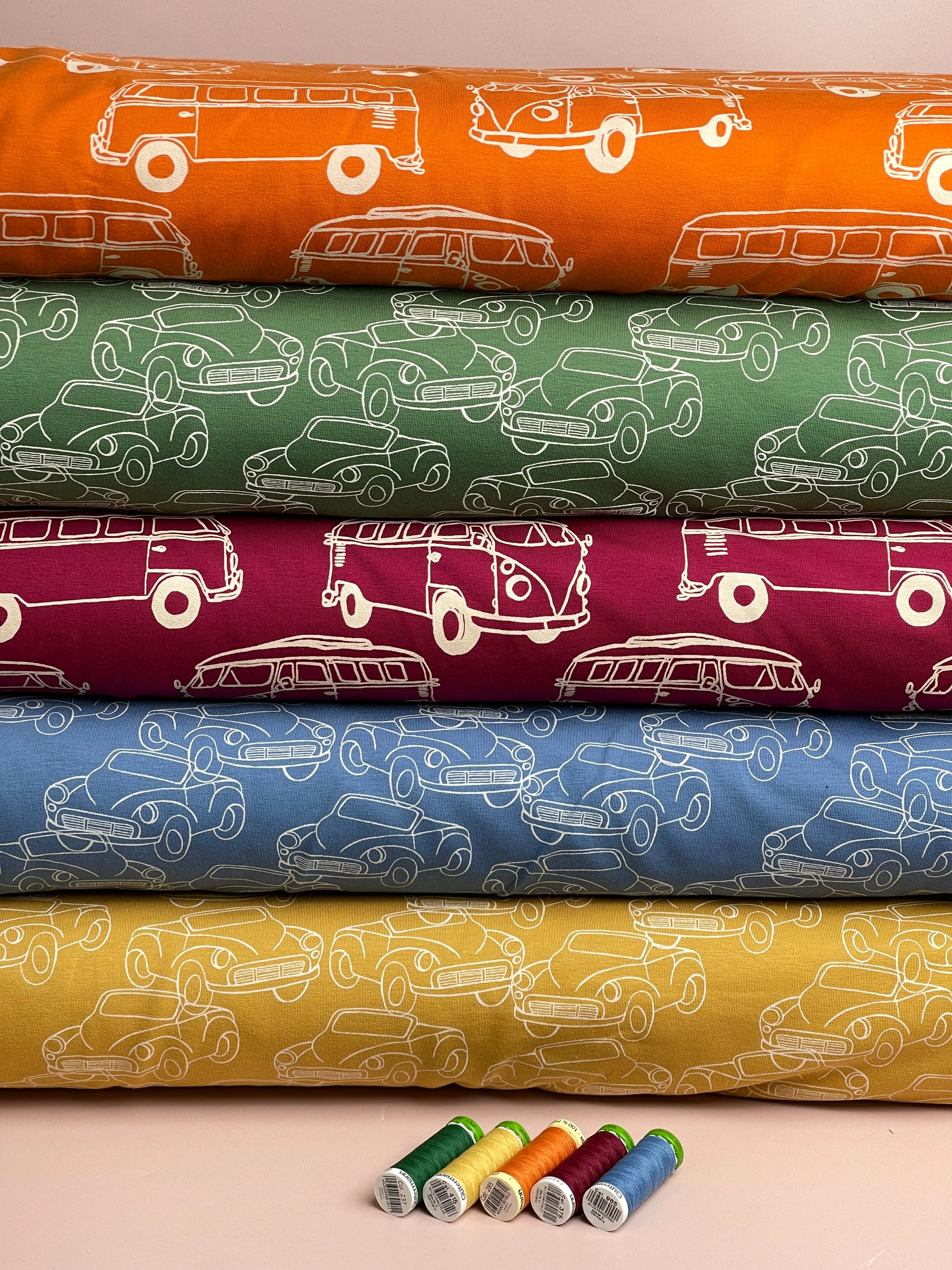 Cars in Green Peach Soft Cotton Sweat-shirting Fabric