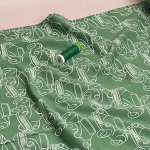 Cars in Green Peach Soft Cotton Sweat-shirting Fabric