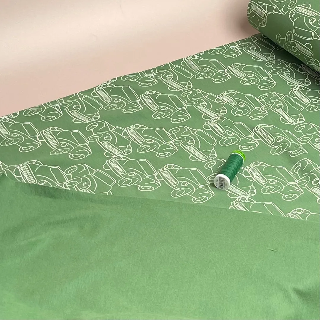 Cars in Green Peach Soft Cotton Sweat-shirting Fabric