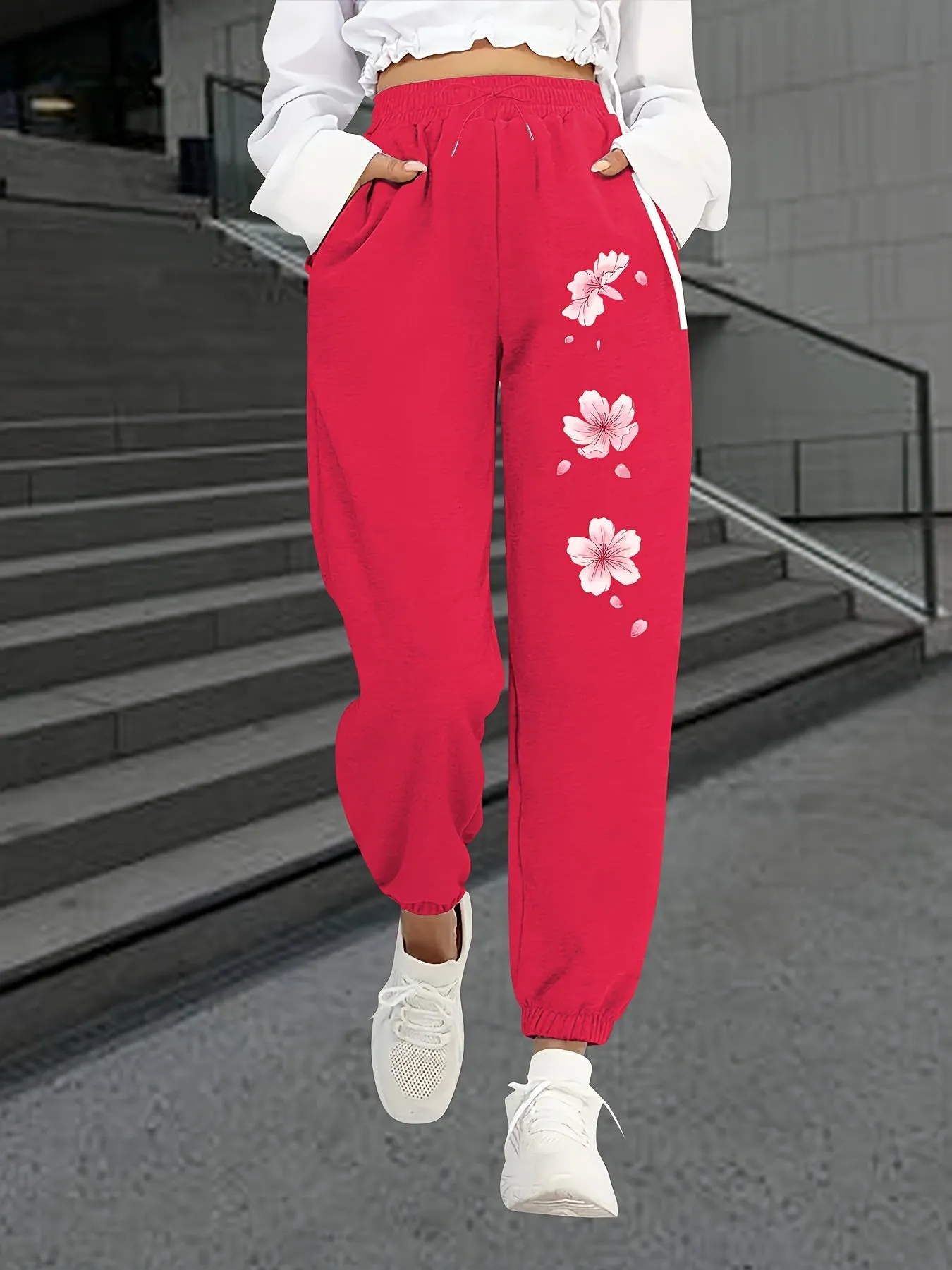Chic Floral Print Women's Joggers - Casual & Versatile, Elastic Waist with Pockets, Machine Washable - Perfect for Fall/Winter
