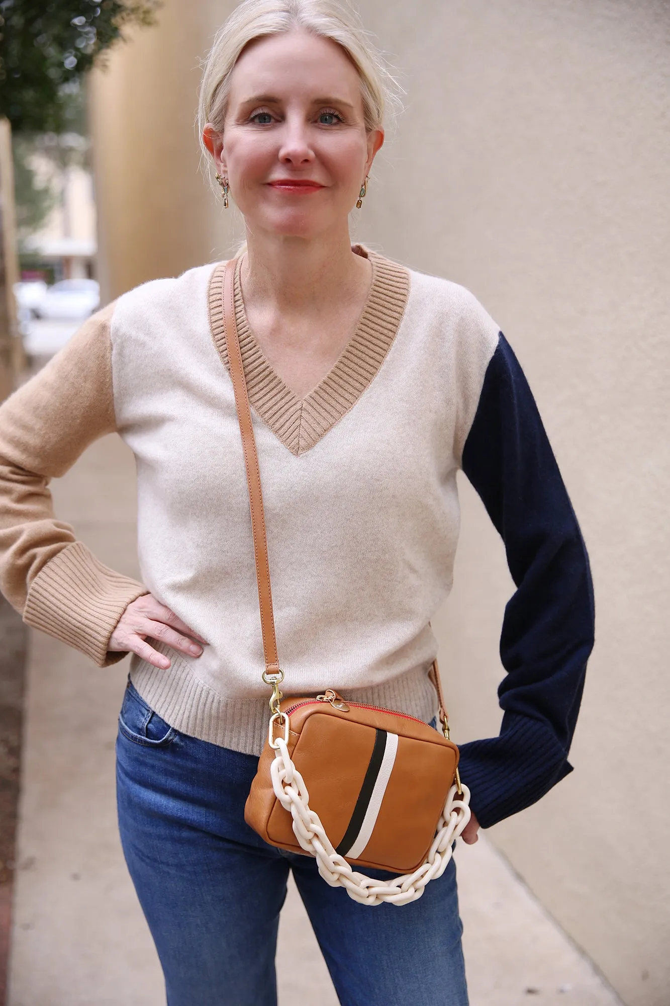 Colourblock V Neck Sweater Camel Cygnet Navy Chestnut