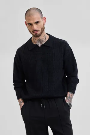 Core Lab Black Textured Relaxed Fit Sweaters