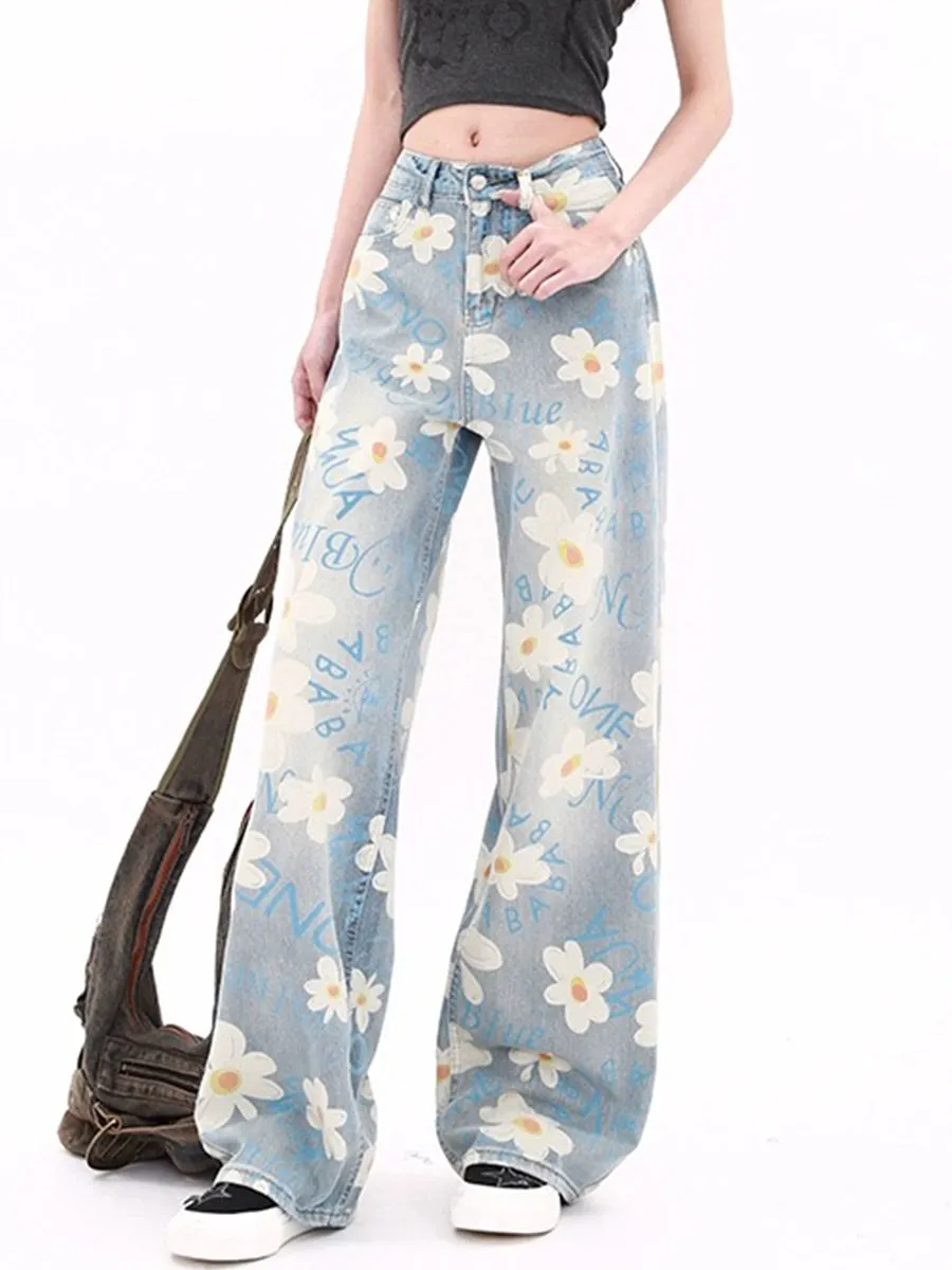 Daisy Printed Loose Fit Denim Jeans
