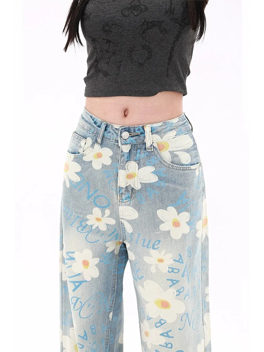Daisy Printed Loose Fit Denim Jeans