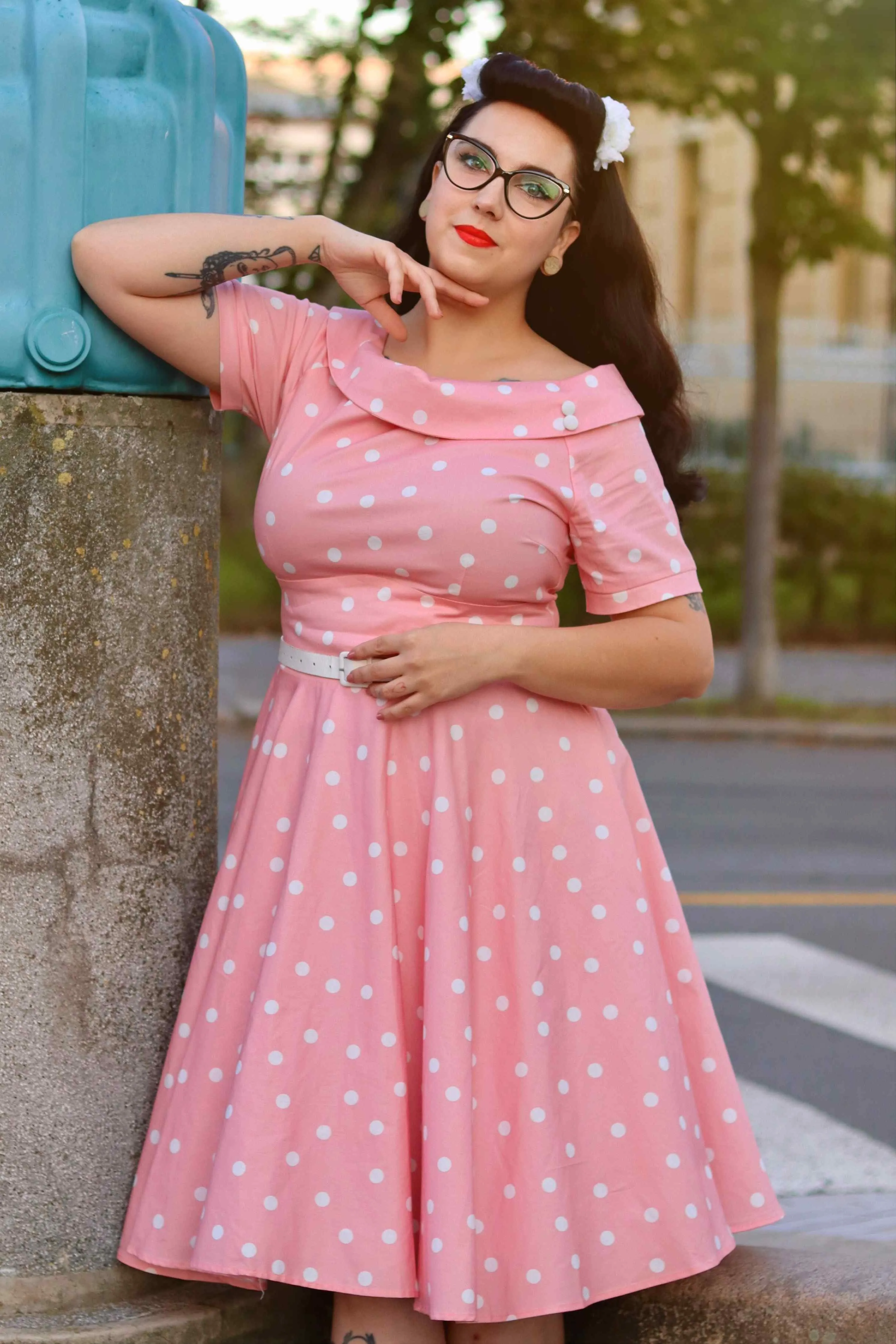 Darlene White Polka Dot Dress In Baby Pink