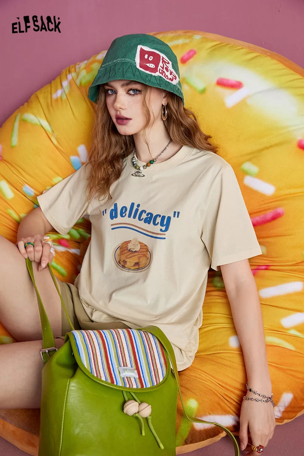 ELFSACK 2024 Summer New Cotton Loose Shoulder Short Sleeve T-shirt Women's Slim and Versatile Casual Top