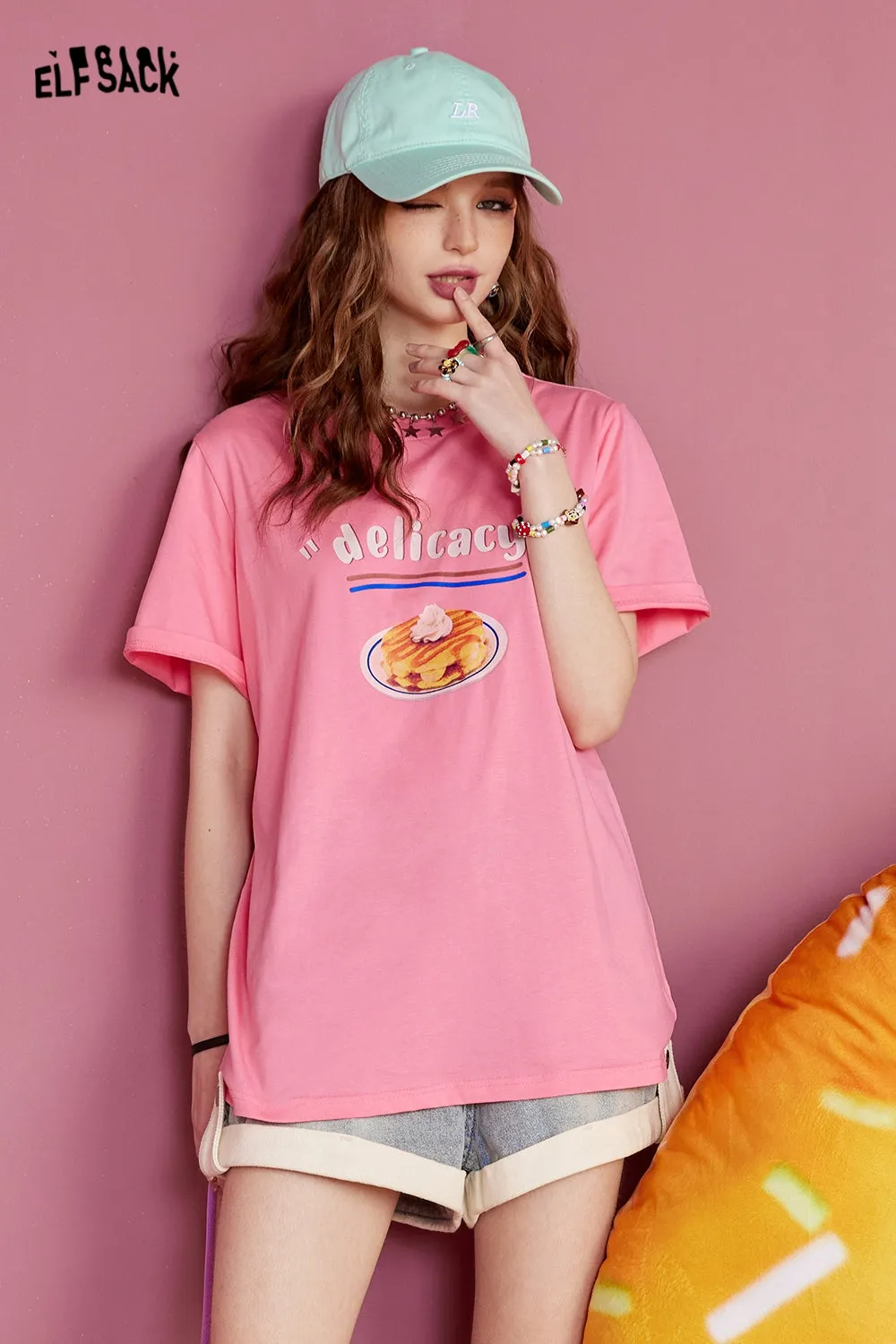 ELFSACK 2024 Summer New Cotton Loose Shoulder Short Sleeve T-shirt Women's Slim and Versatile Casual Top