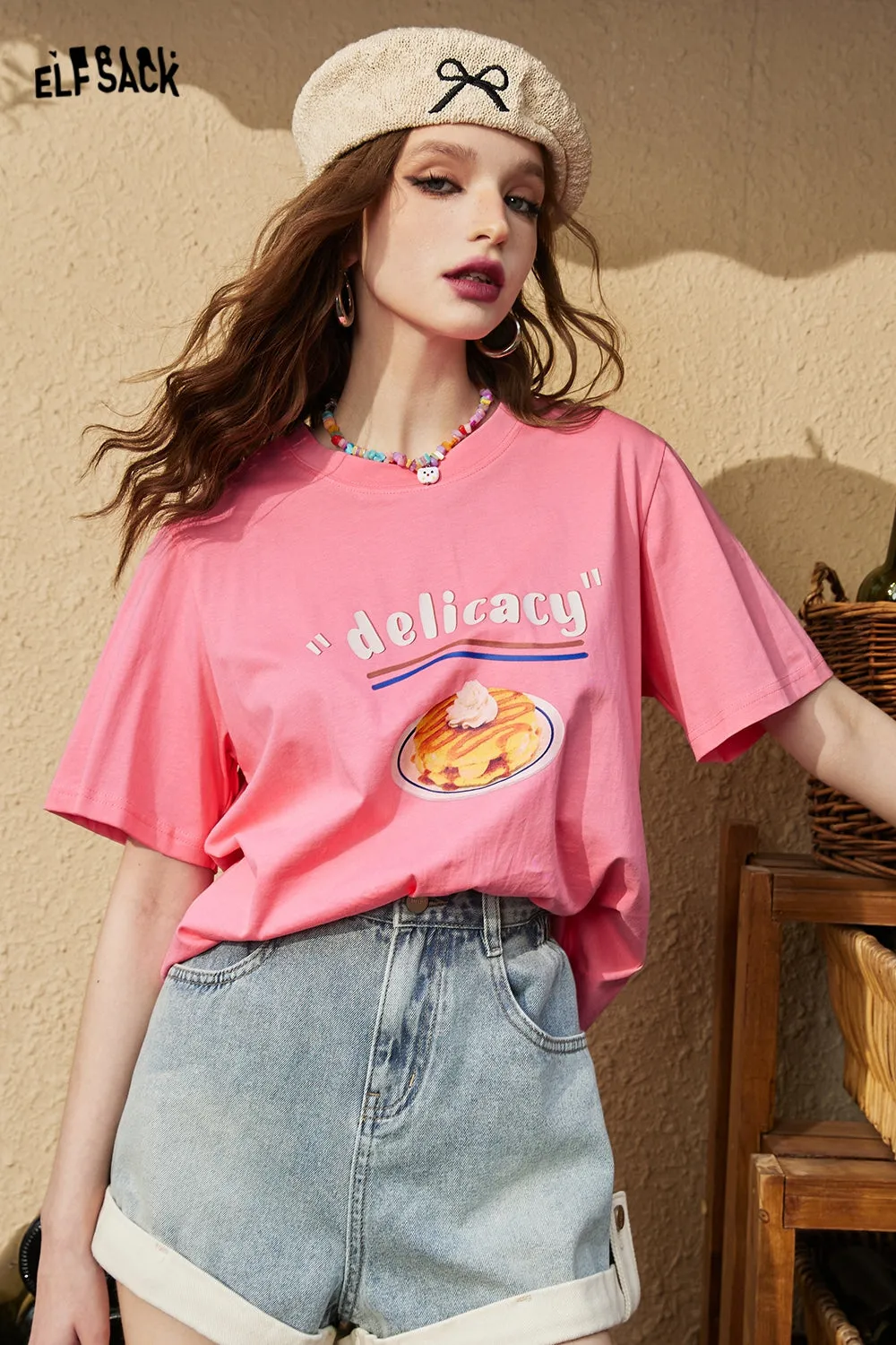 ELFSACK 2024 Summer New Cotton Loose Shoulder Short Sleeve T-shirt Women's Slim and Versatile Casual Top