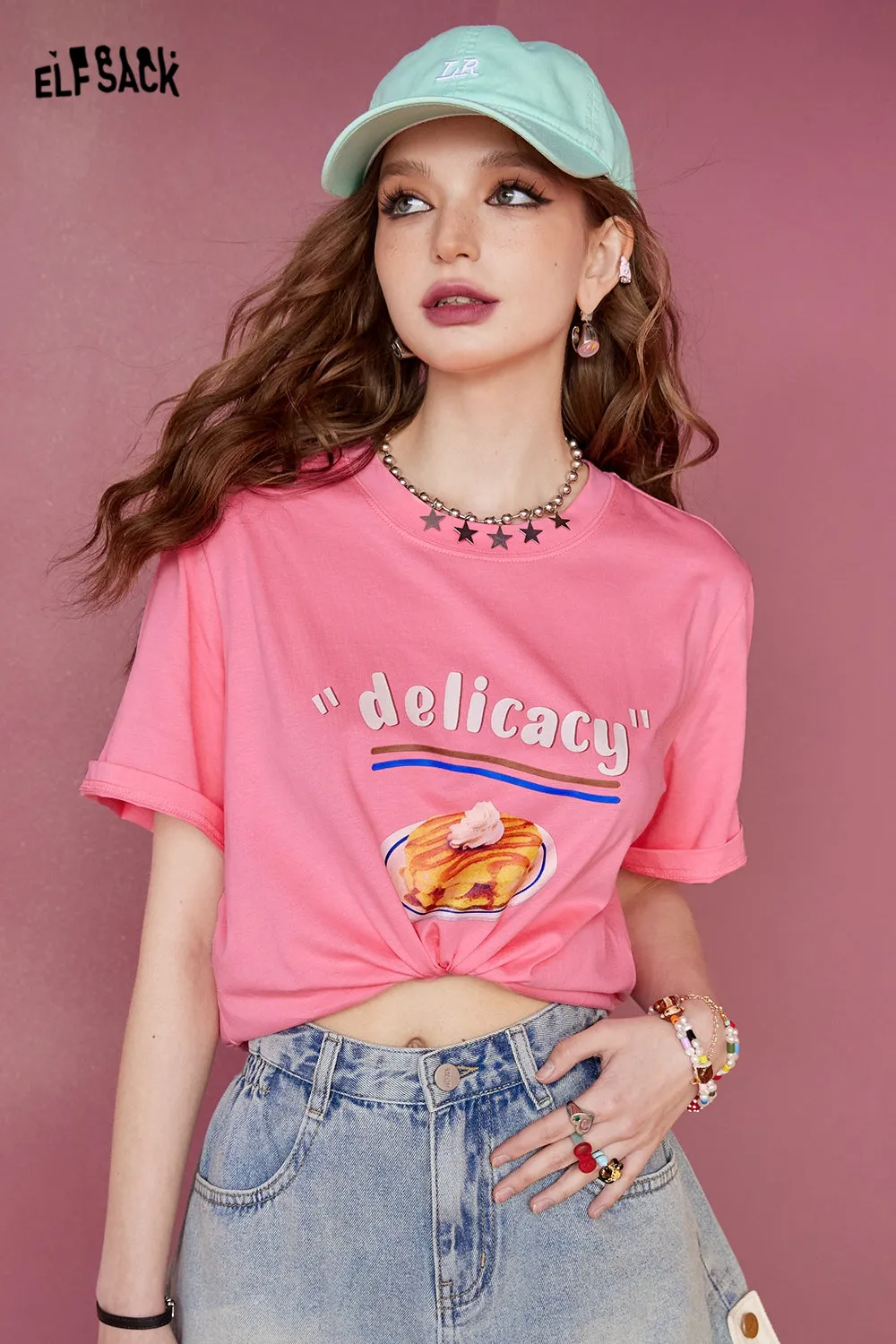 ELFSACK 2024 Summer New Cotton Loose Shoulder Short Sleeve T-shirt Women's Slim and Versatile Casual Top