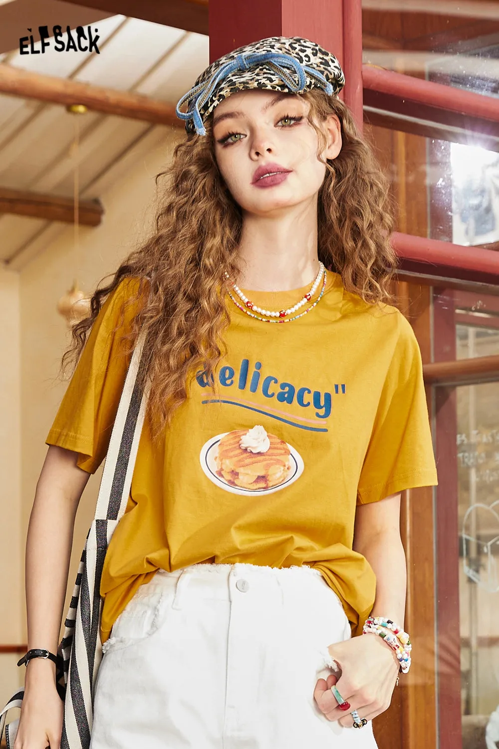 ELFSACK 2024 Summer New Cotton Loose Shoulder Short Sleeve T-shirt Women's Slim and Versatile Casual Top