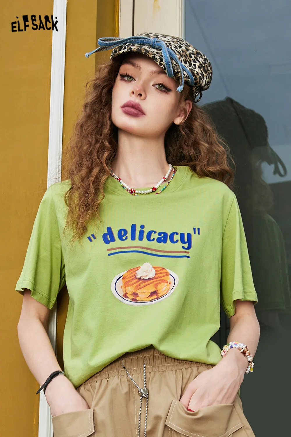 ELFSACK 2024 Summer New Cotton Loose Shoulder Short Sleeve T-shirt Women's Slim and Versatile Casual Top