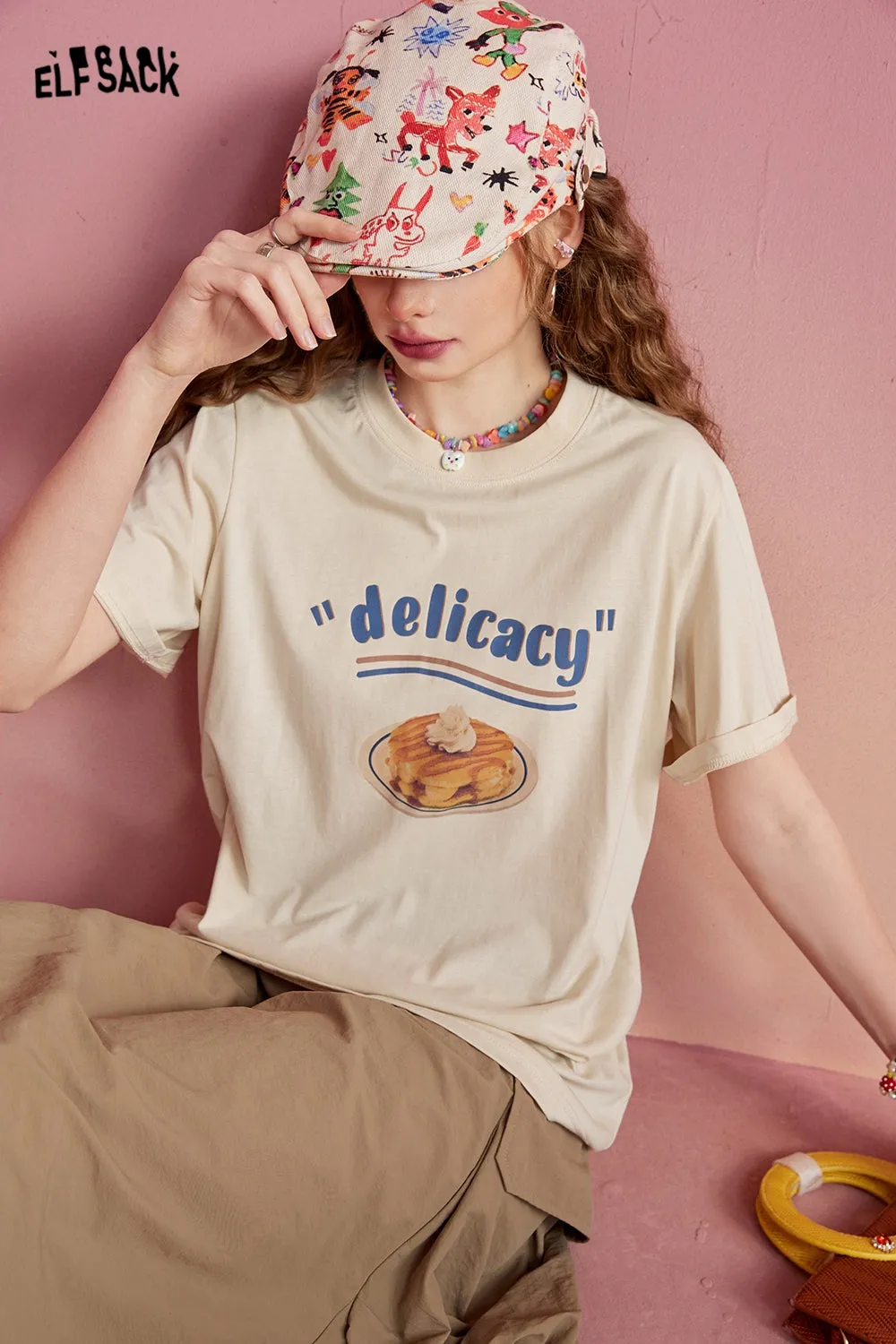 ELFSACK 2024 Summer New Cotton Loose Shoulder Short Sleeve T-shirt Women's Slim and Versatile Casual Top