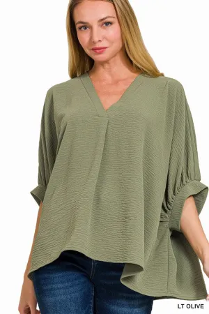 Explore More Collection - Woven Airflow V-Neck Puff Half Sleeve Top
