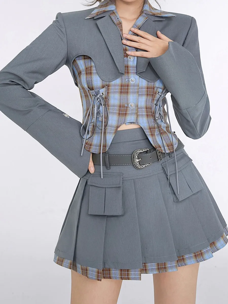 Fake Two Piece Suit Shirt Top   Pleated Skirt Set