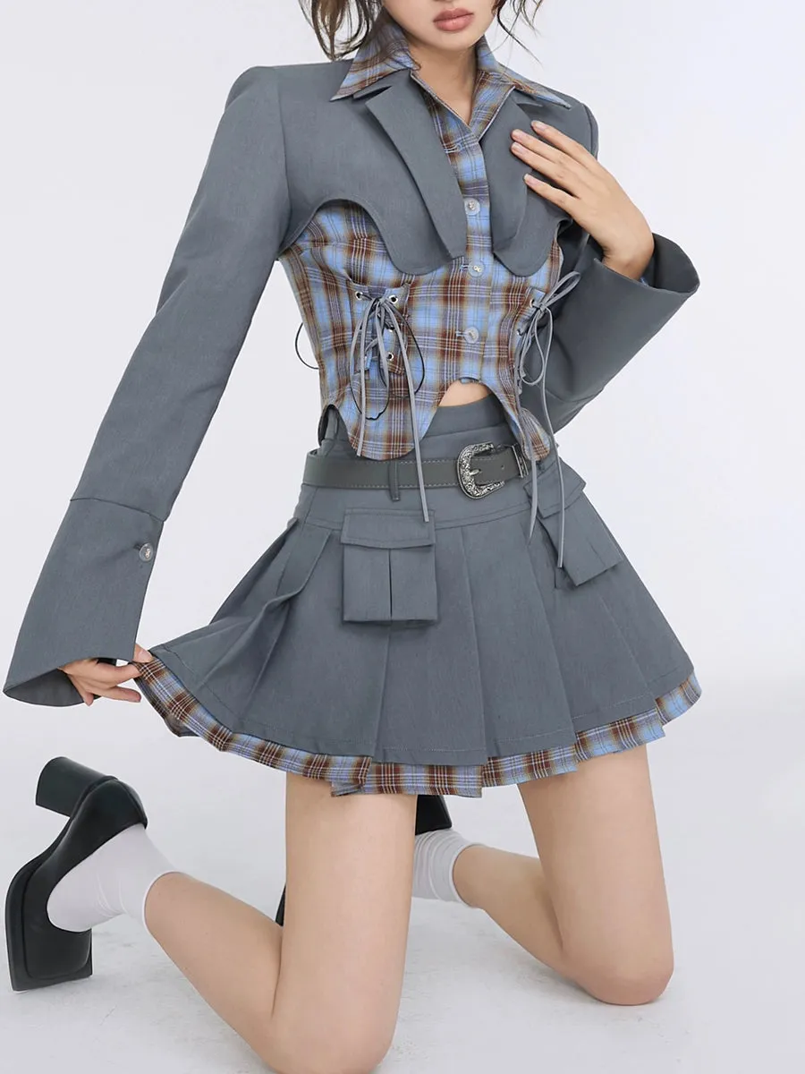Fake Two Piece Suit Shirt Top   Pleated Skirt Set