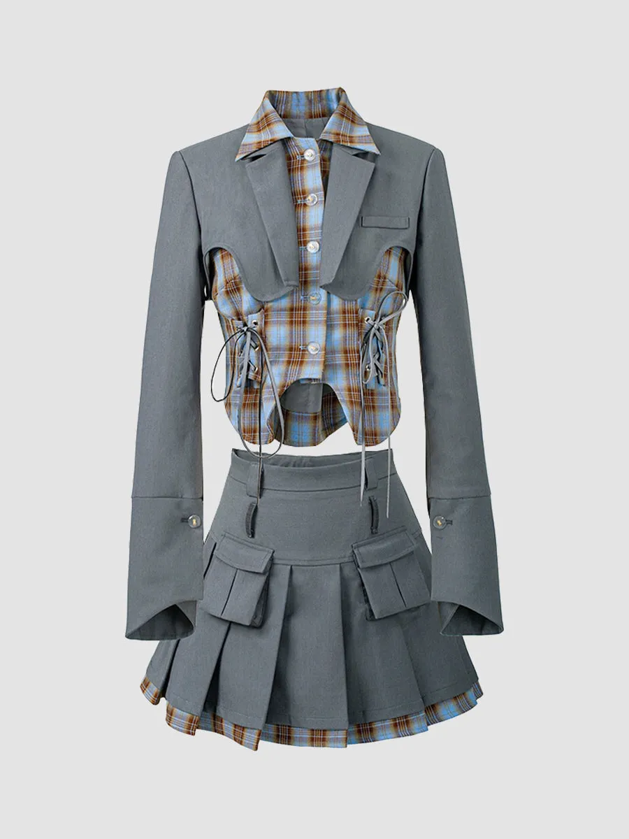 Fake Two Piece Suit Shirt Top   Pleated Skirt Set