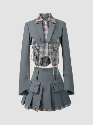 Fake Two Piece Suit Shirt Top   Pleated Skirt Set