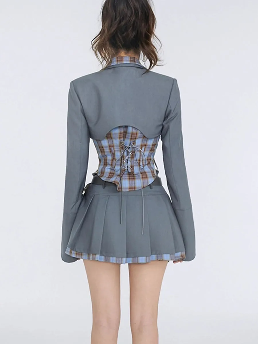 Fake Two Piece Suit Shirt Top   Pleated Skirt Set