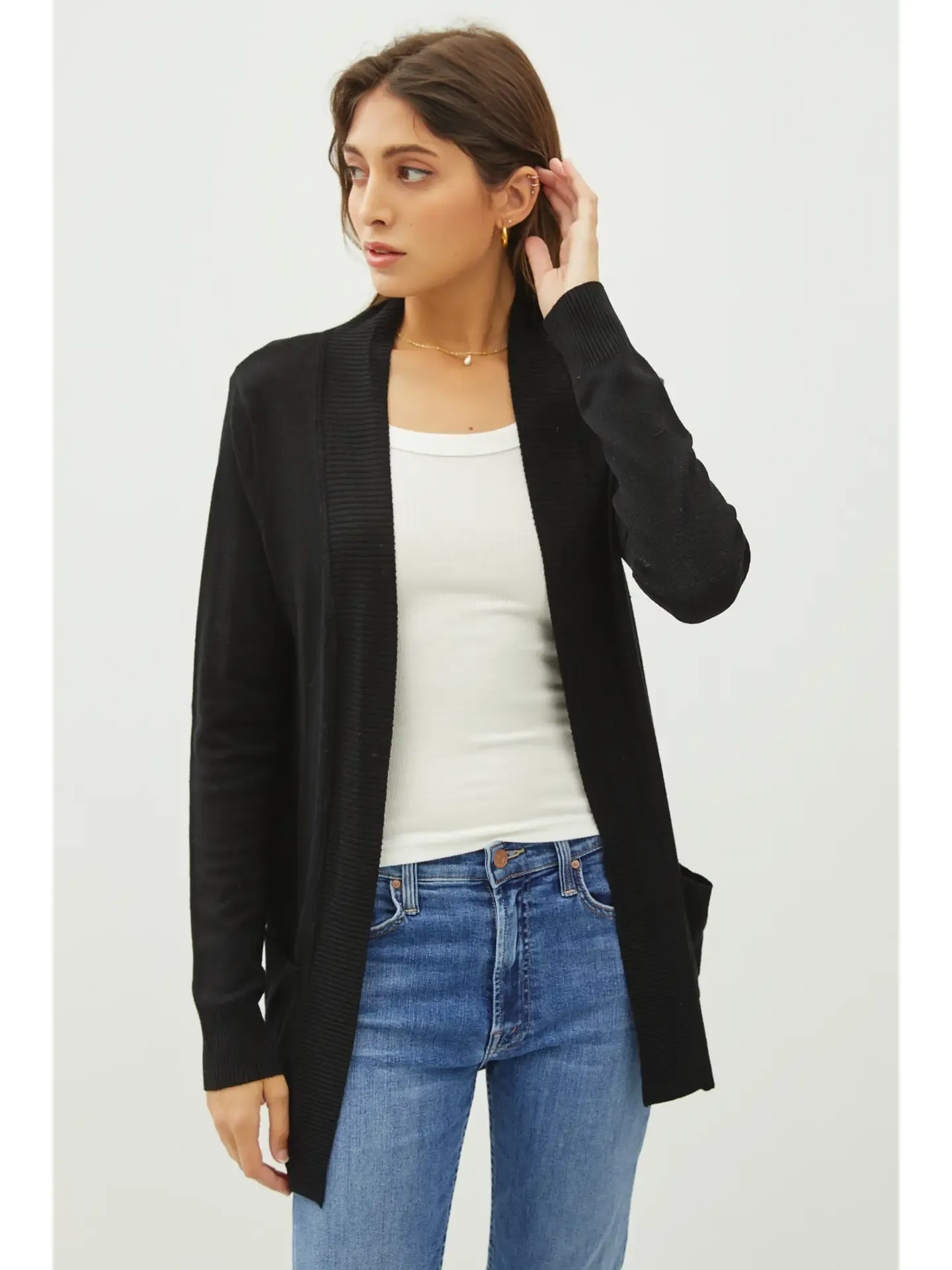 FINAL SALE Black Cotton Blend Open Front Cardigan