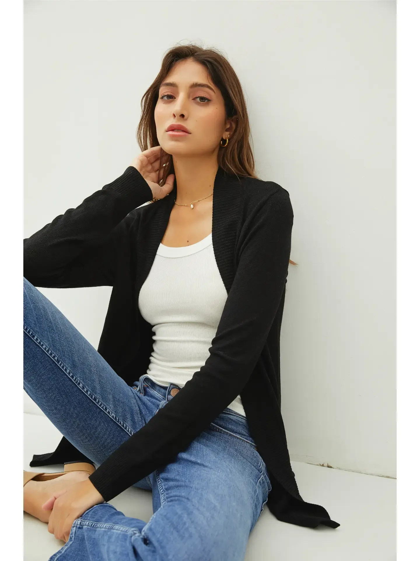 FINAL SALE Black Cotton Blend Open Front Cardigan
