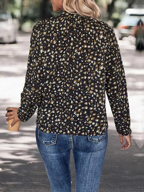 Finely Printed Black Long Sleeve Tie Neck Top