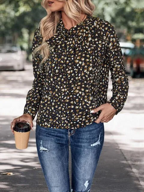 Finely Printed Black Long Sleeve Tie Neck Top