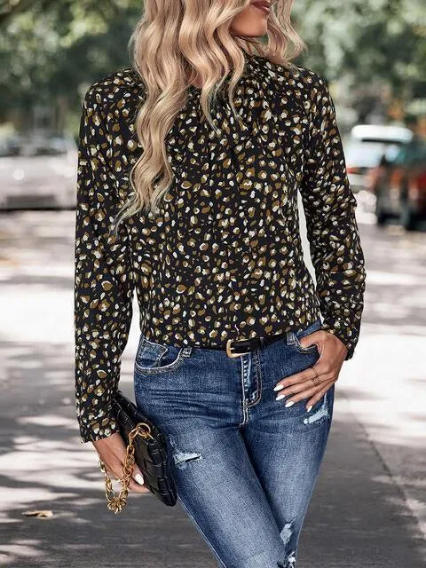 Finely Printed Black Long Sleeve Tie Neck Top