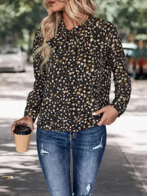 Finely Printed Black Long Sleeve Tie Neck Top