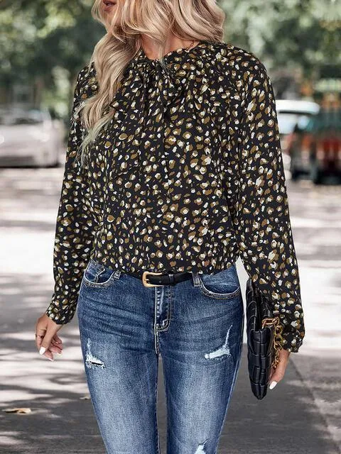 Finely Printed Black Long Sleeve Tie Neck Top