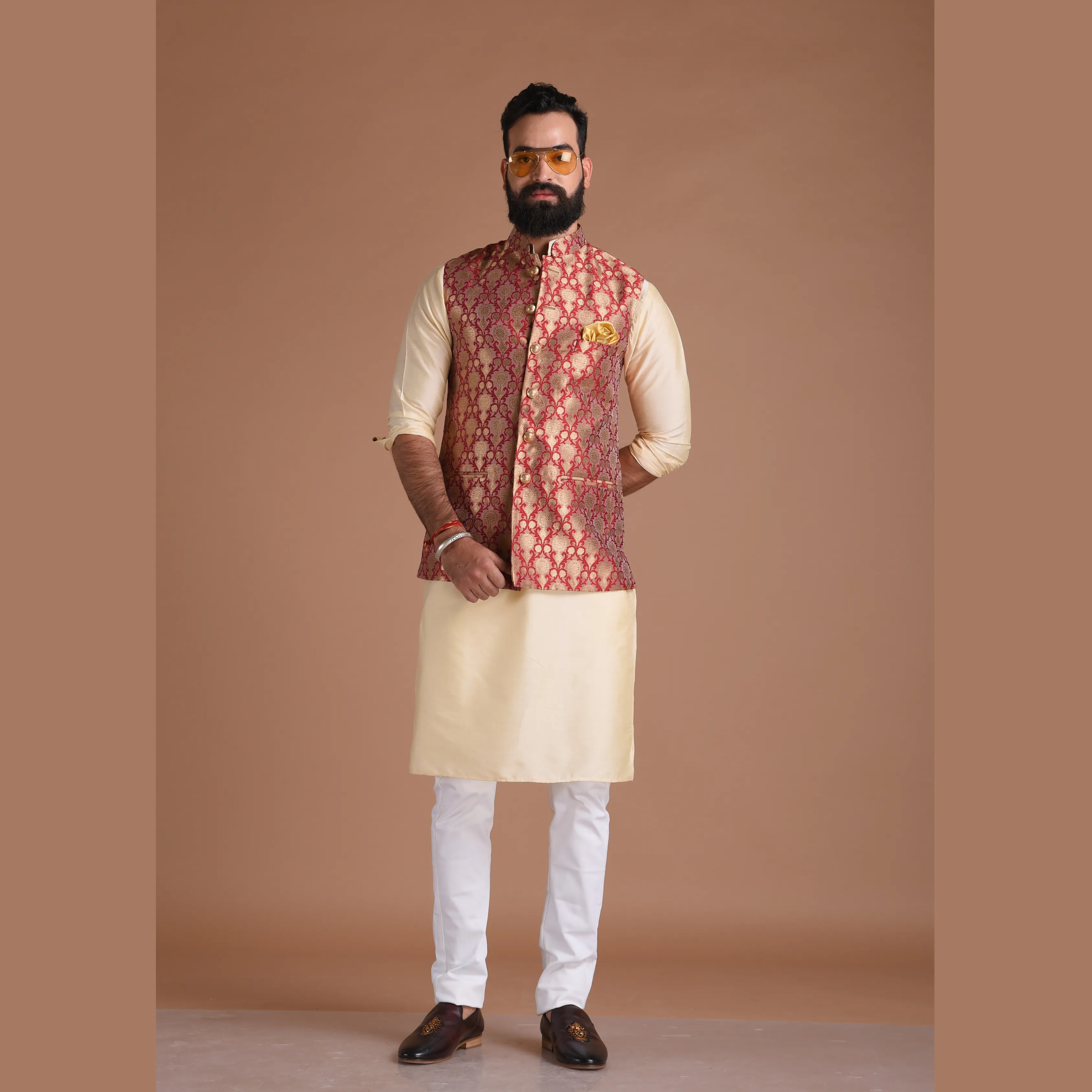 Floral Pattern Red Golden Half Jodhpuri Jacket with Kurta Pajama Set