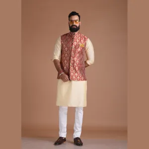 Floral Pattern Red Golden Half Jodhpuri Jacket with Kurta Pajama Set