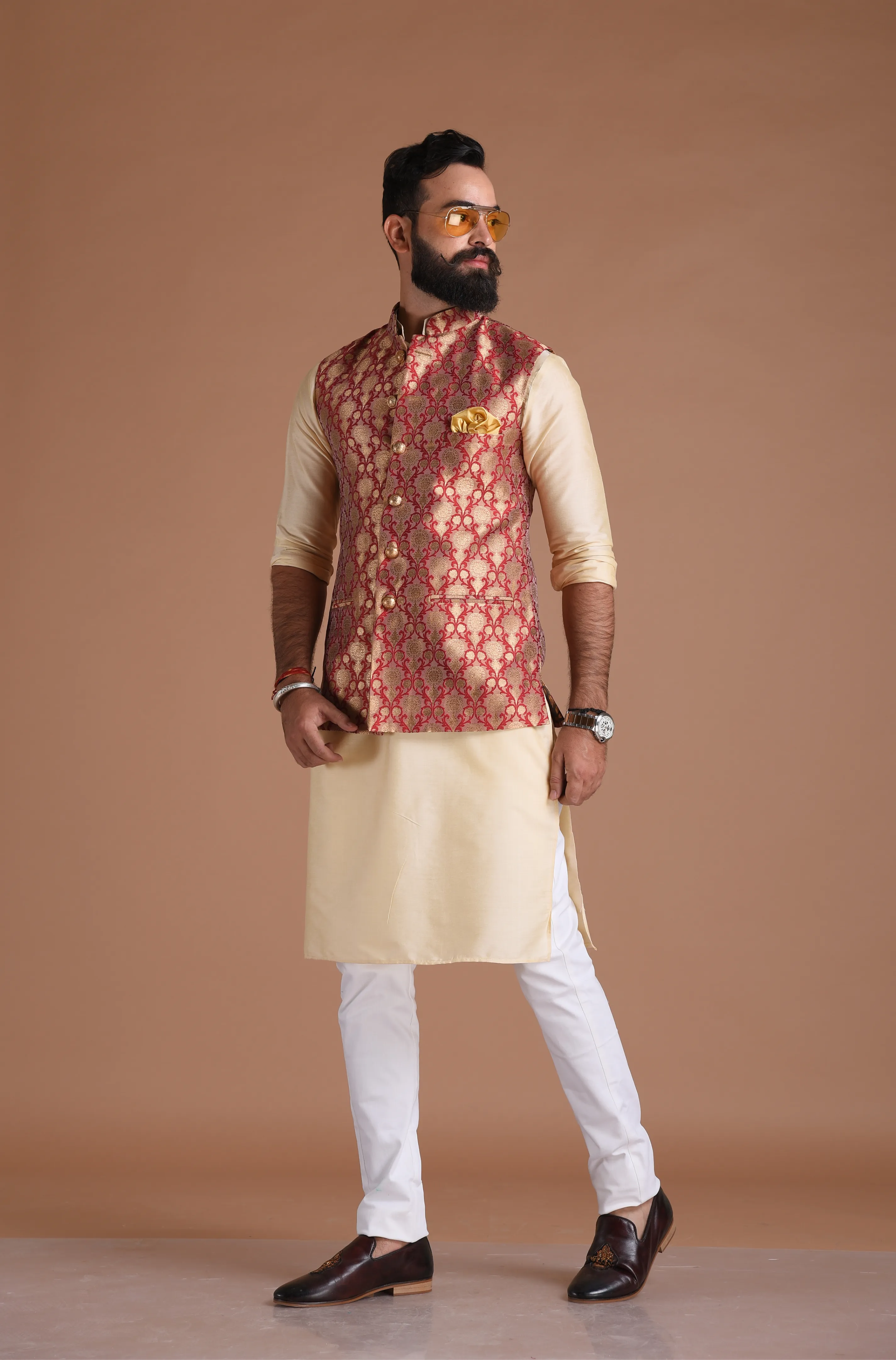 Floral Pattern Red Golden Half Jodhpuri Jacket with Kurta Pajama Set