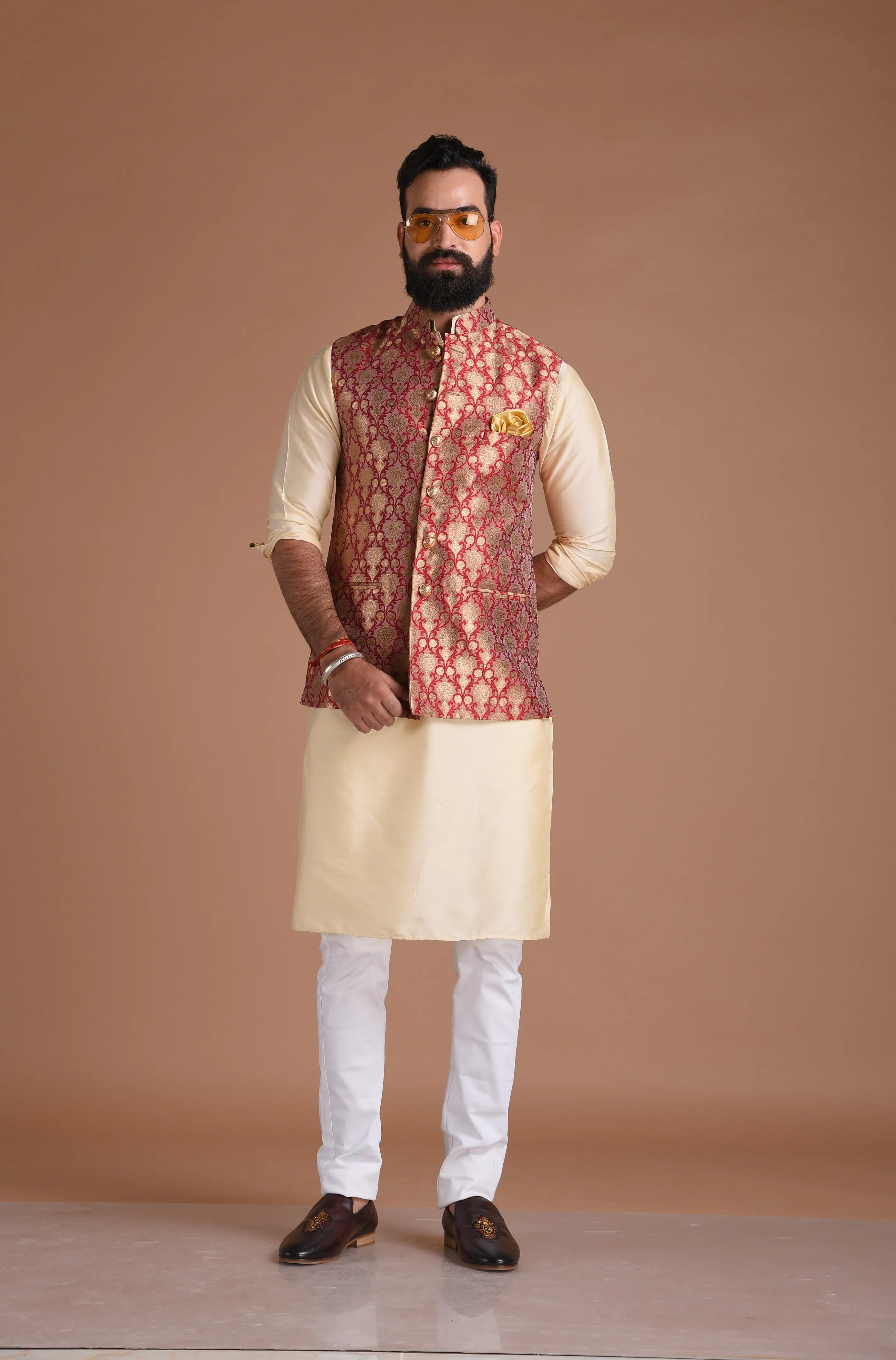 Floral Pattern Red Golden Half Jodhpuri Jacket with Kurta Pajama Set