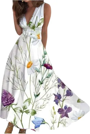 Flowy Dresses for Women Deep V Neck Cute Sleeveless Long Dress Elegant Sexy Floral Dresses Swing Maxi Casual Dress