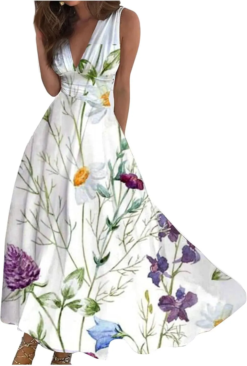 Flowy Dresses for Women Deep V Neck Cute Sleeveless Long Dress Elegant Sexy Floral Dresses Swing Maxi Casual Dress