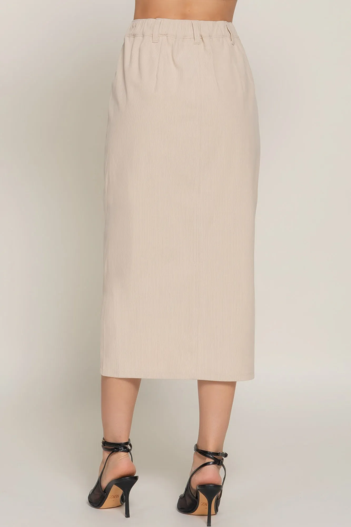 Front Open Slit Corduroy Midi Skirt in Green or Cream