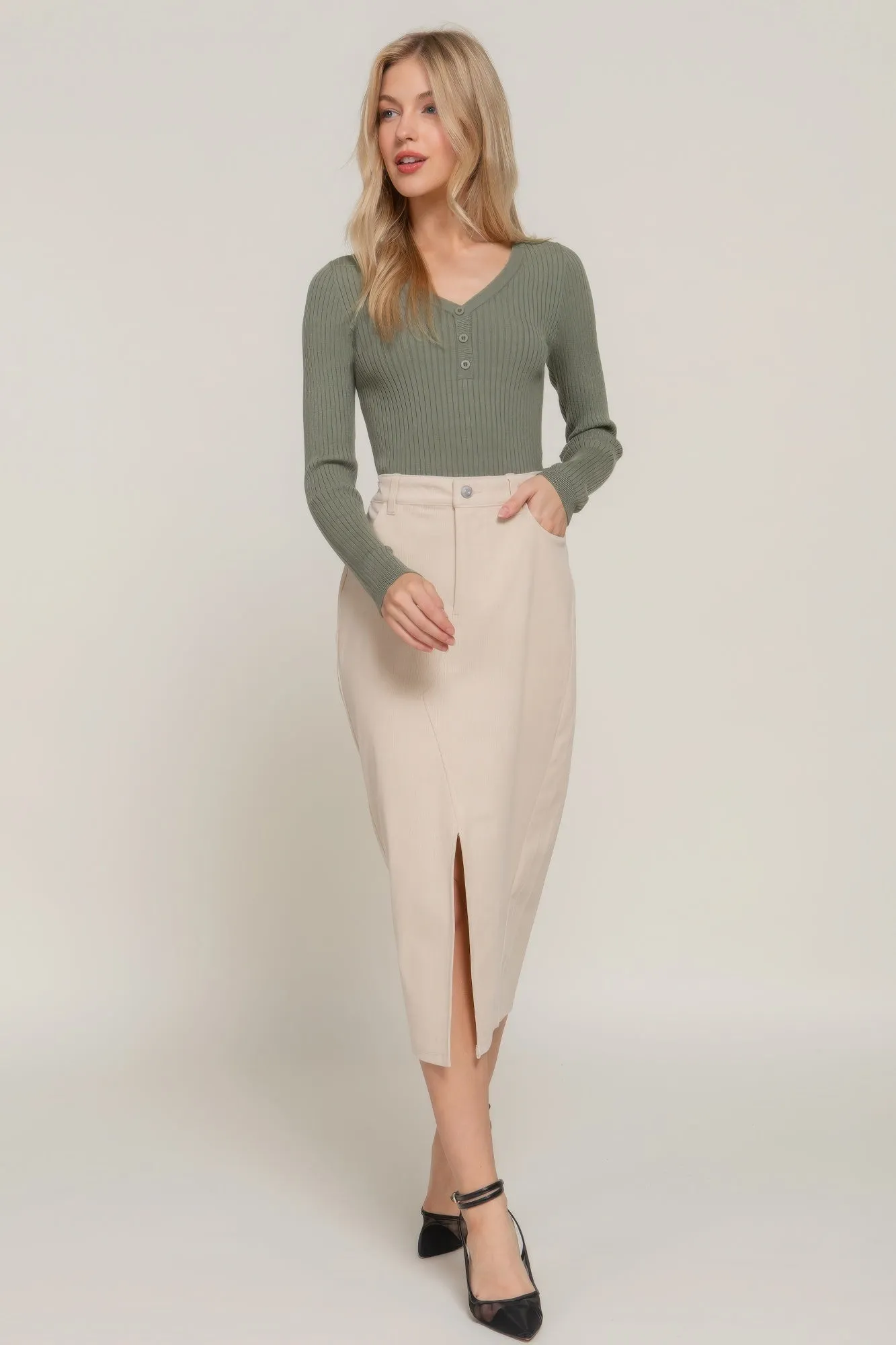 Front Open Slit Corduroy Midi Skirt in Green or Cream