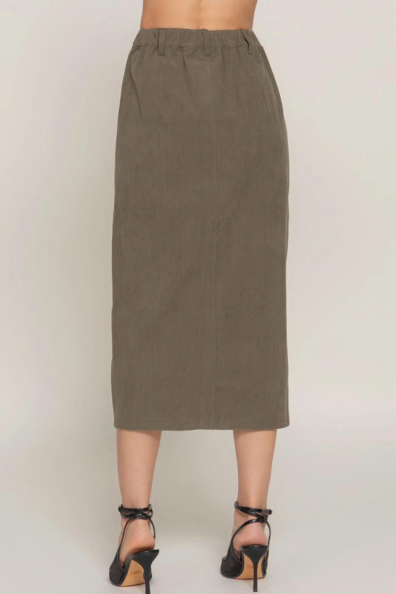 Front Open Slit Corduroy Midi Skirt in Green or Cream