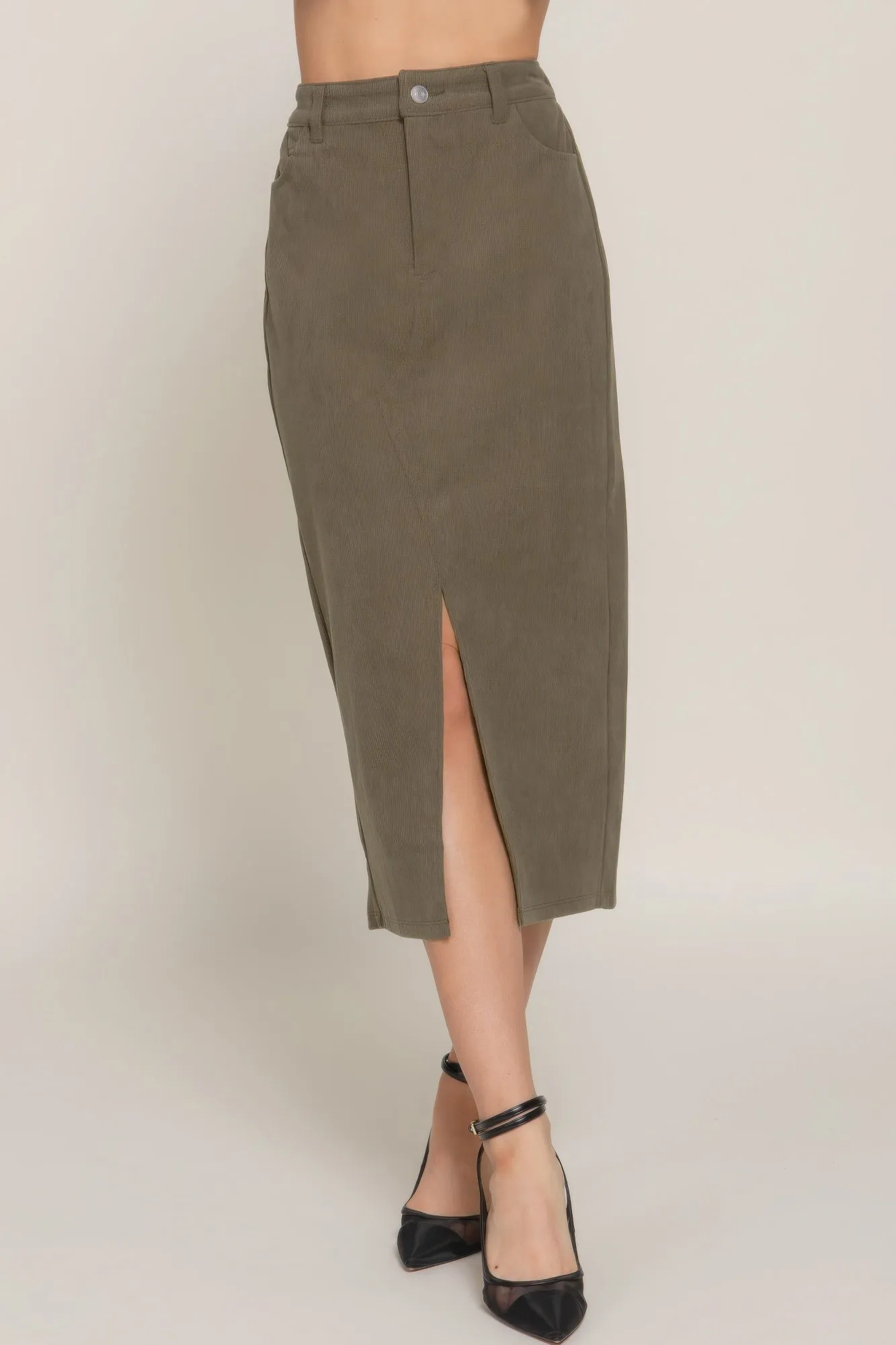 Front Open Slit Corduroy Midi Skirt in Green or Cream
