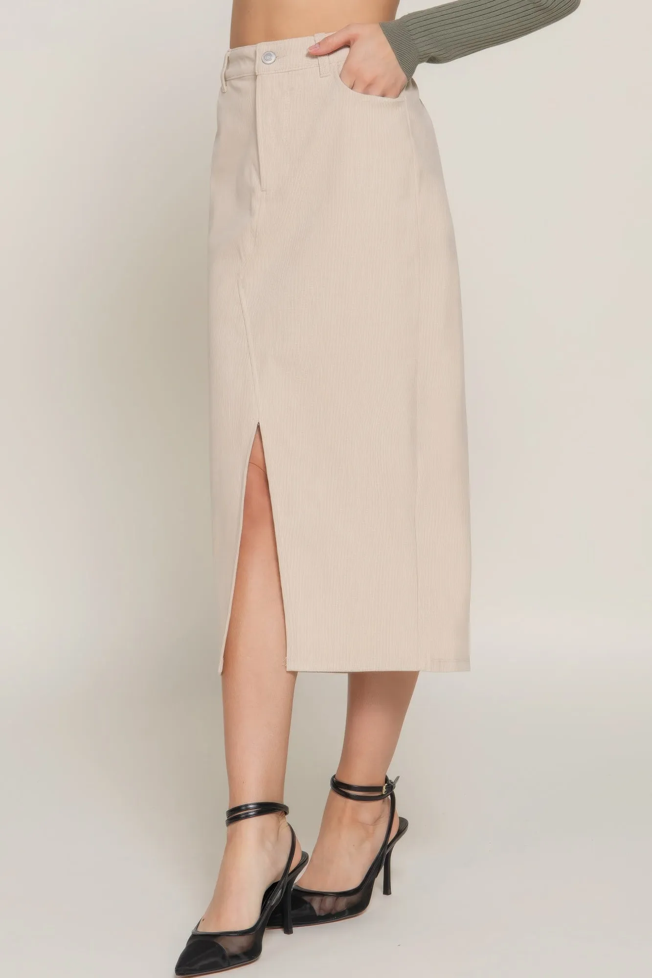 Front Open Slit Corduroy Midi Skirt in Green or Cream