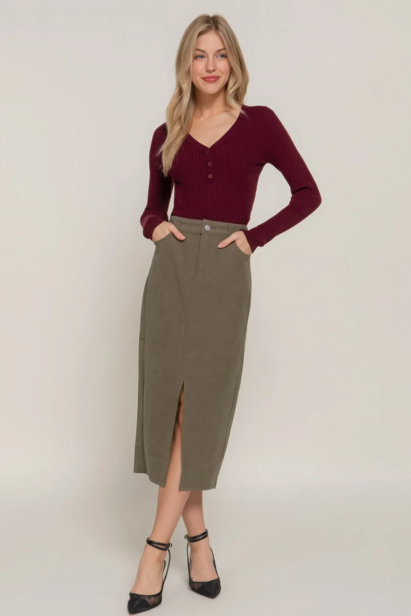 Front Open Slit Corduroy Midi Skirt in Green or Cream